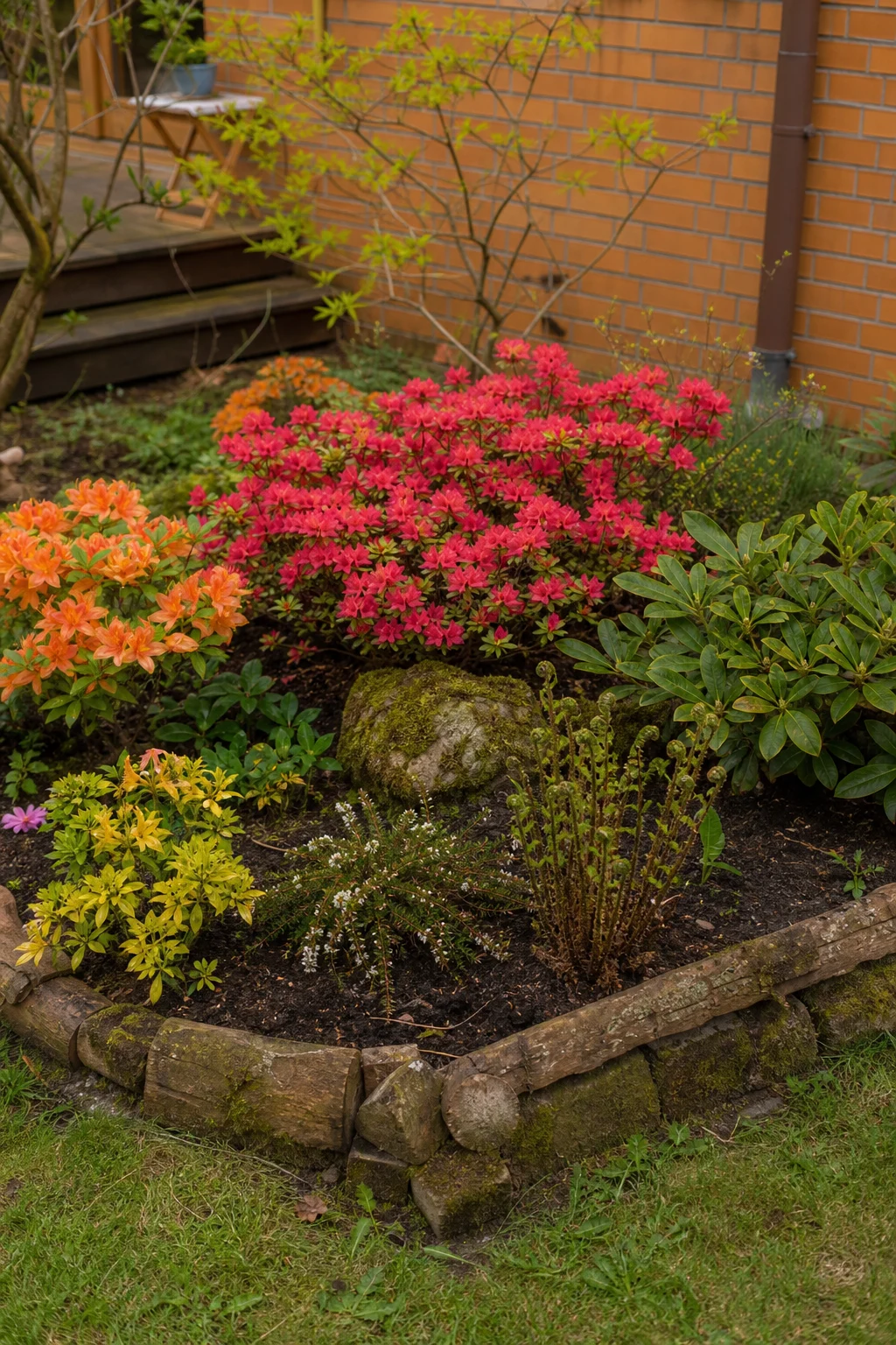 Kleines Moorbeet mit dunkler torffreier Substratmischung, gepflanzt mit Rhododendron und Azaleen, eingefasst mit Holzbalken.