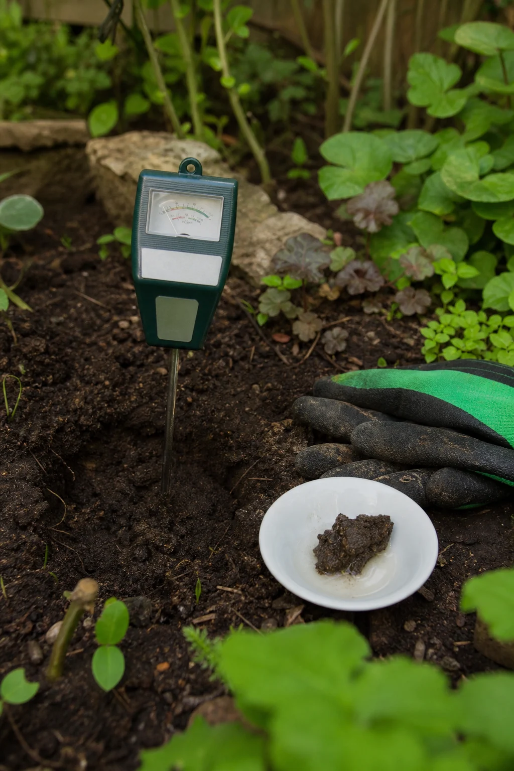pH-Meter steckt in einer ausgehobenen Pflanzgrube, daneben eine kleine Schale mit Erde und Indikatorflüssigkeit.