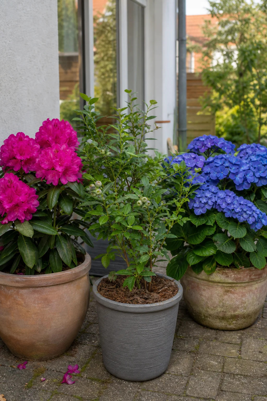 Drei säureliebende Pflanzen nebeneinander: Rhododendron, Heidelbeere und blau blühende Hortensie.