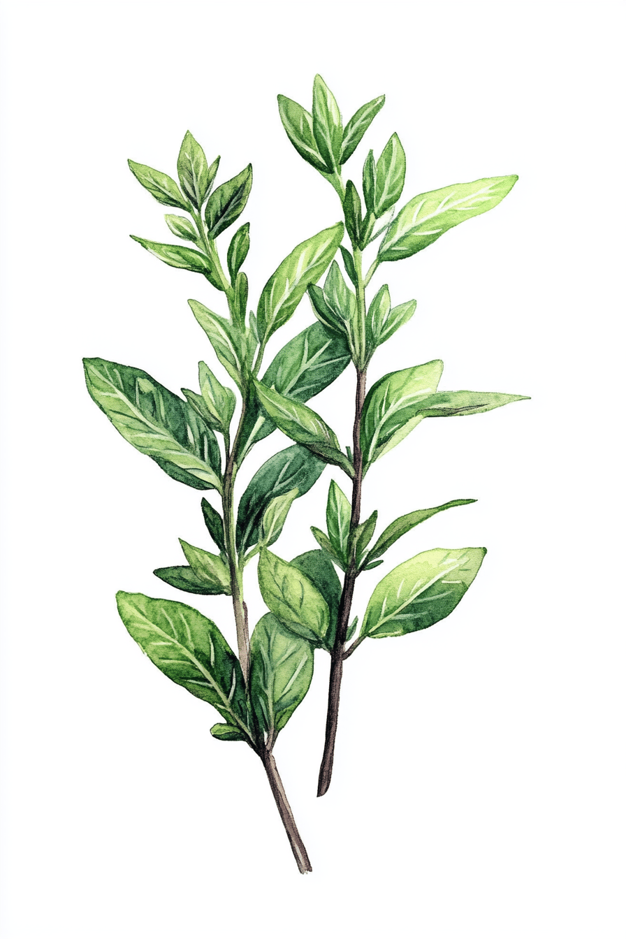 Illustration von frischem Bohnenkraut mit grünen Blättern.