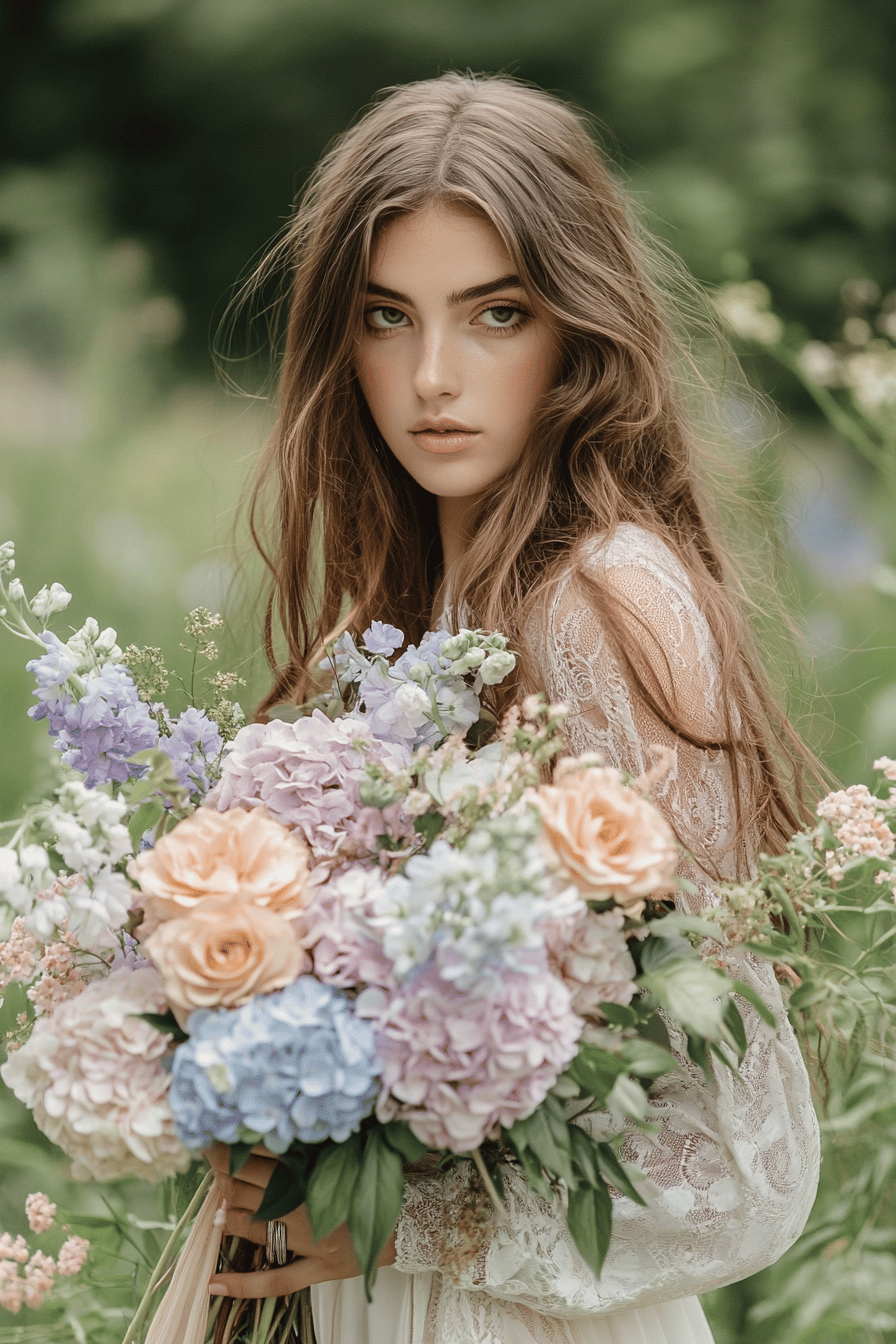 Eine Frau im Boho-Stil hält einen üppigen Brautstrauß aus Hortensien und Rosen.
