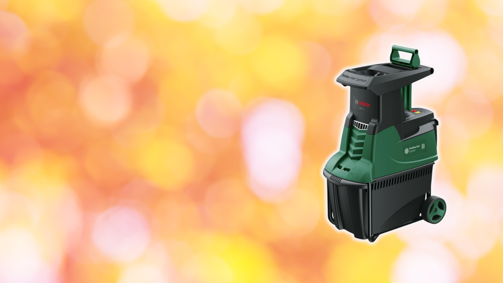 Bosch Gartenhäcksler auf unscharfem gelbem Hintergrund.