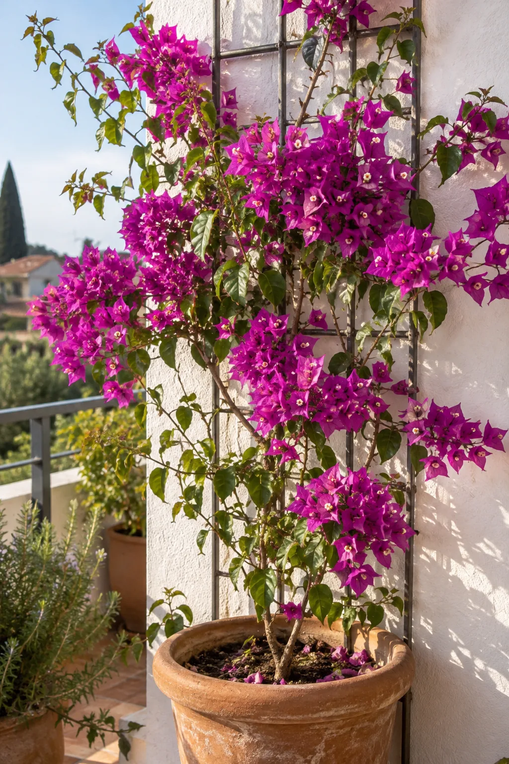 Bougainvillea im Terrakottakübel vor einer weißen Wand, übersät mit papierartigen magentafarbenen Hochblättern
