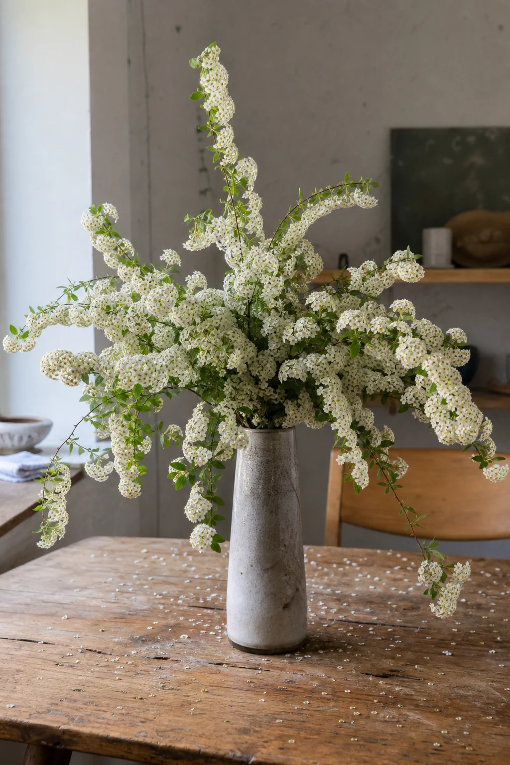 Hohe Keramikvase mit einem üppigen Strauß aus Brautspierenzweigen auf einem Holztisch.