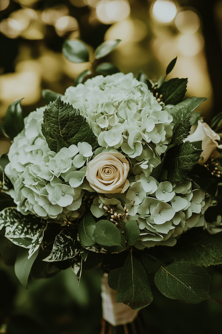 Ein Brautstrauß aus grünen und weißen Hortensien, kombiniert mit weißen Rosen.