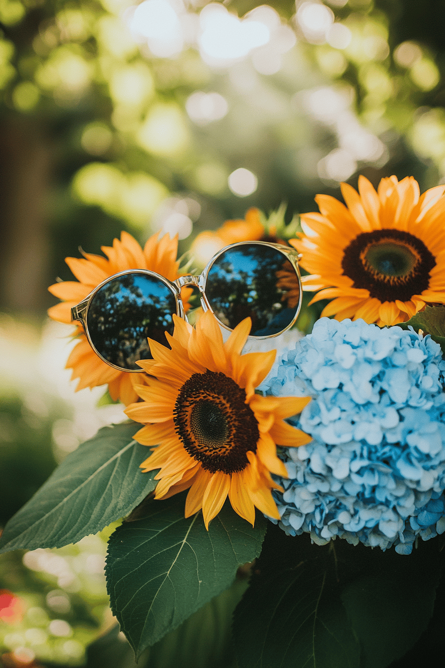 Ein lebendiger Strauß aus Sonnenblumen und blauen Hortensien mit einer Sonnenbrille.