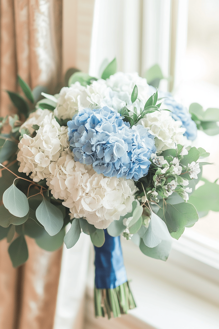 Ein eleganter Brautstrauß mit blauen und weißen Hortensien, umrandet von zartem Grün.