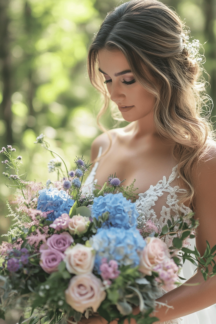 Braut mit einem natürlichen Brautstrauß aus blauen Hortensien und verschiedenen Wildblumen.