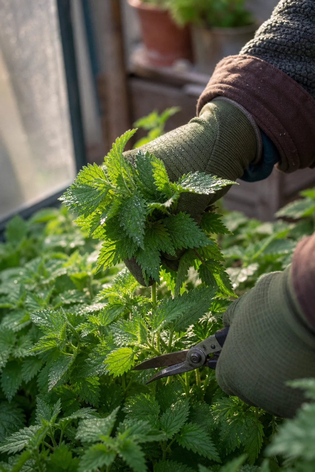 Junge Brennnesselspitzen werden mit Gartenhandschuhen und Schere geerntet, nur die oberen vier bis sechs Blätter pro Stängel.