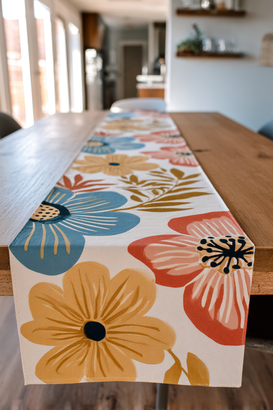 Bunter Tischläufer mit Blumenmotiven auf Holztisch