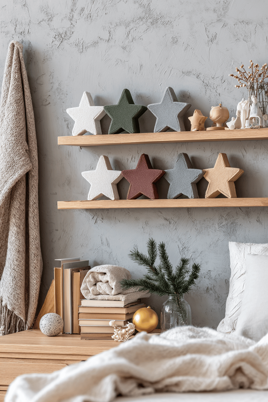 Farbenfrohe Holzsterne auf Holzregalen im gemütlichen Kinderzimmer