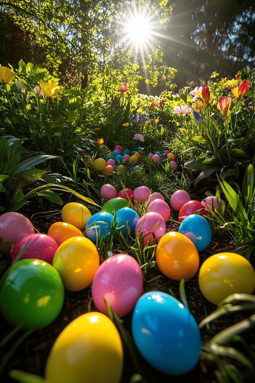 Bunte Ostereier im Gras eines sonnigen Gartens platziert.