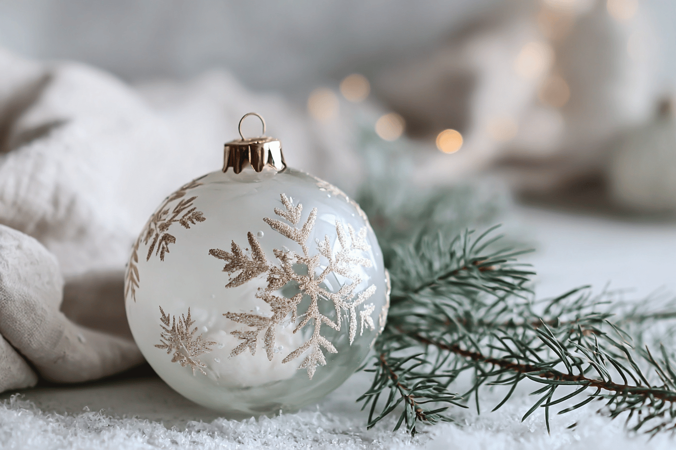 Christbaumkugel mit Schneeflockenmuster neben Tannenzweig auf kunstschneebedecktem Untergrund
