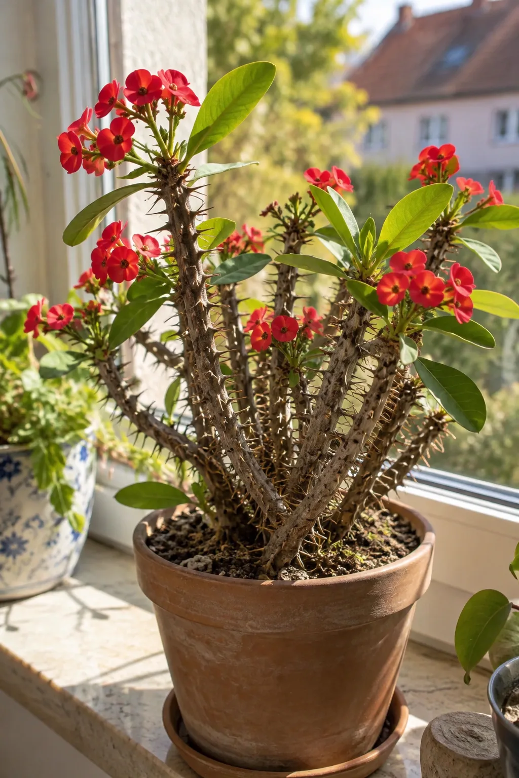 Christusdorn auf einer sonnigen Fensterbank mit graubraunen, dicht bedornten Trieben, wenigen länglichen Blättern an den Spitzen und kleinen leuchtend roten Hochblättern