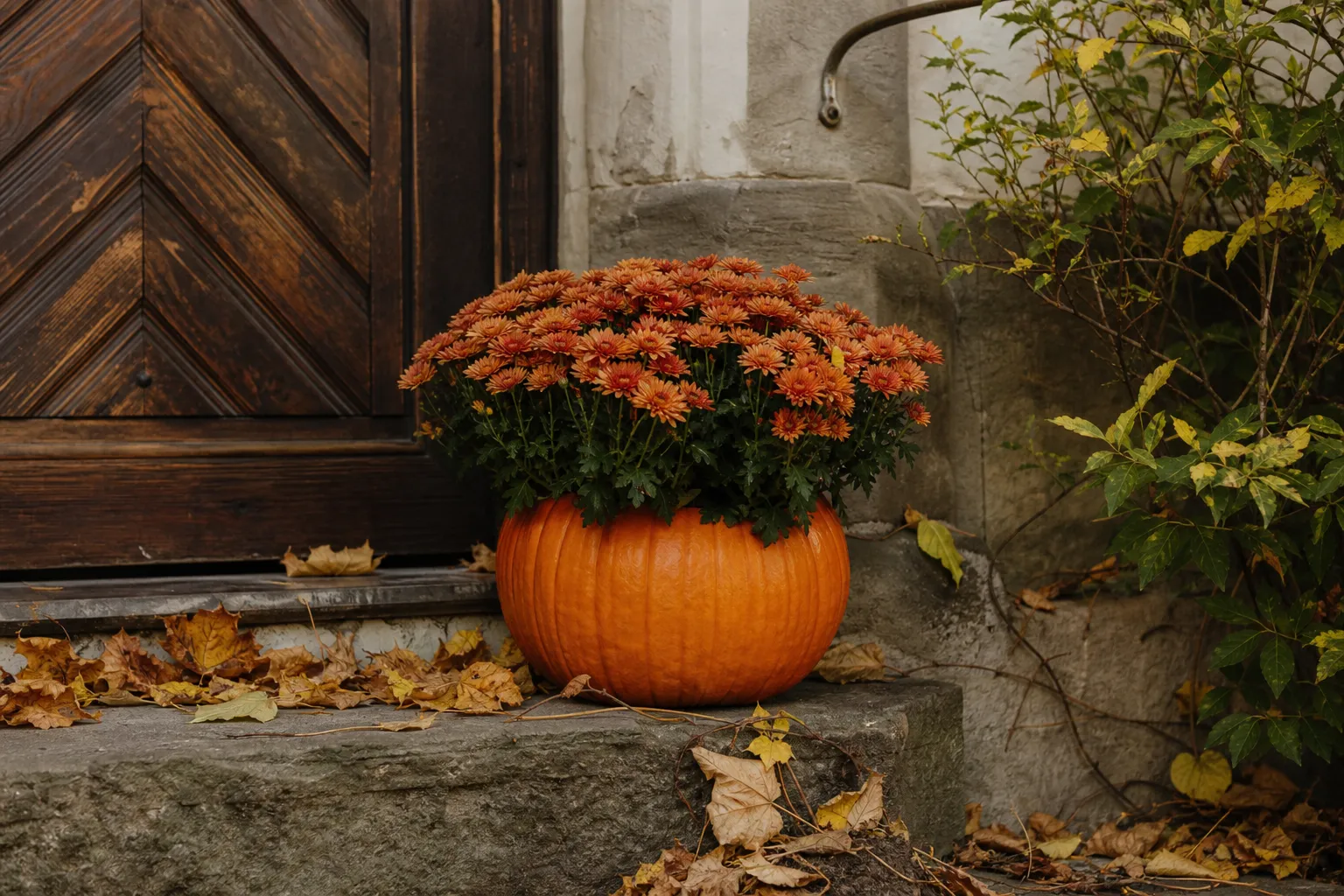 Chrysantheme im Kürbis: Herbstdeko in fünf Minuten selbst gemacht