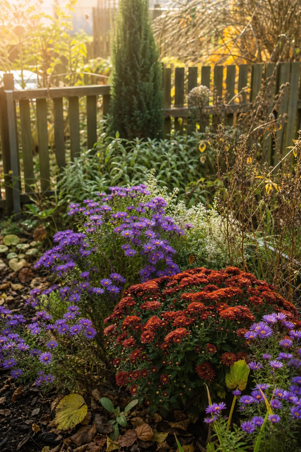 Gartenbeet mit violetten Astern und rostfarbenen Chrysanthemen in Gruppen, Abendsonne