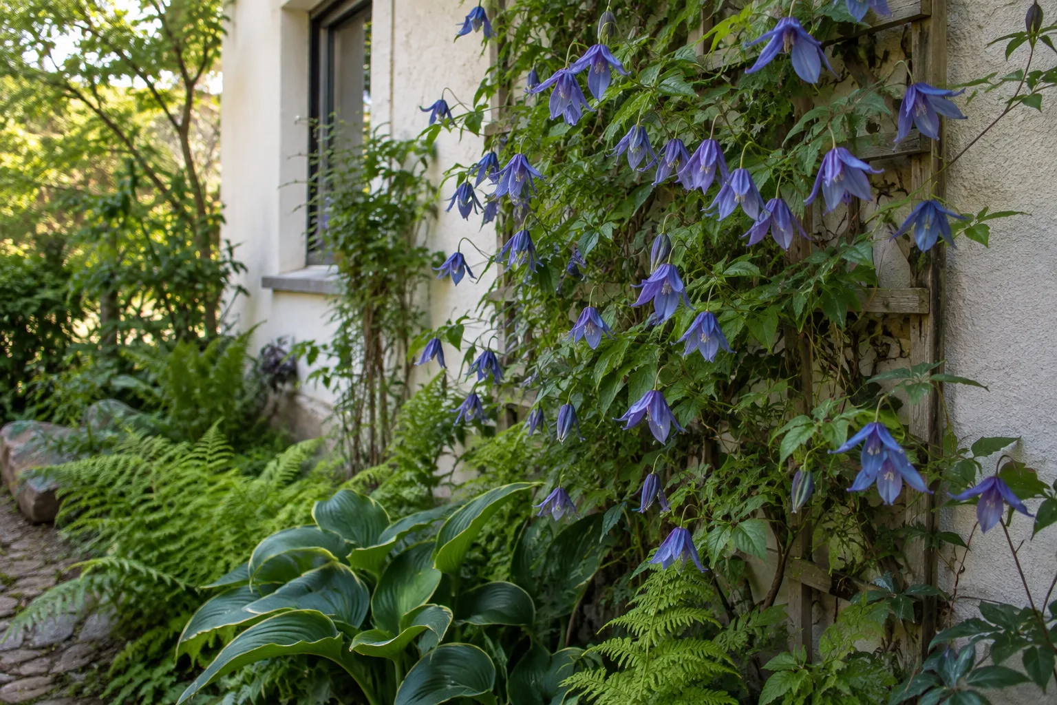 Hauswand im Halbschatten mit einer Clematis am Rankgitter, die blauen nickenden Glockenblüten einer Alpen-Waldrebe im Frühling, am Fuß Farne und Funkien im Schatten