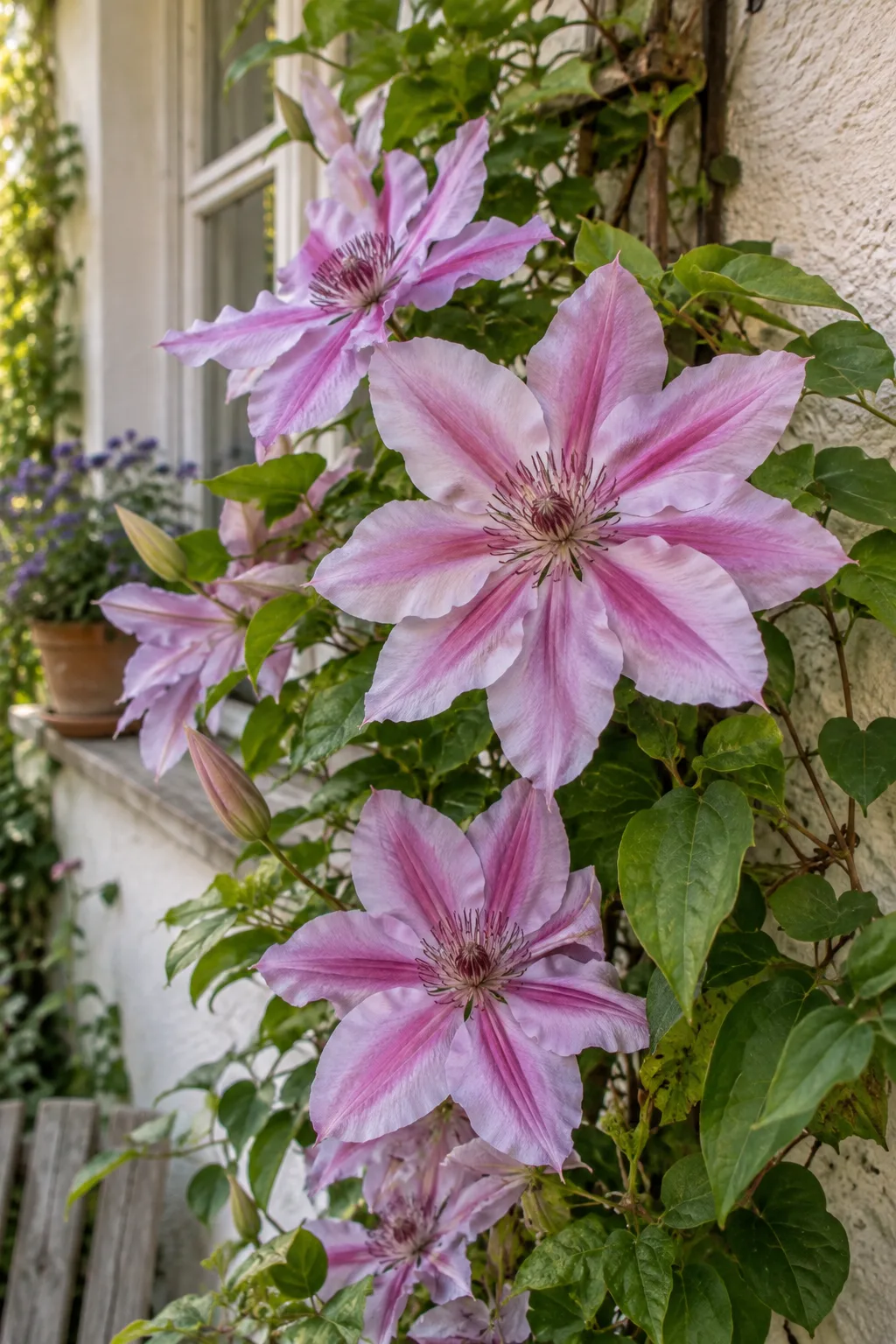 Großblumige Clematis an einer Ostwand mit großen, flachen, blassrosa-lila Blüten, jedes Blütenblatt mit einem breiten karminroten Mittelstreifen