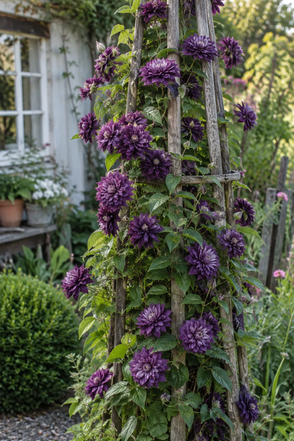 Clematis an einem Holzobelisken mit dicht gefüllten, kleinen Blüten in gedecktem Purpur, in der Mitte etwas heller, im Sommer