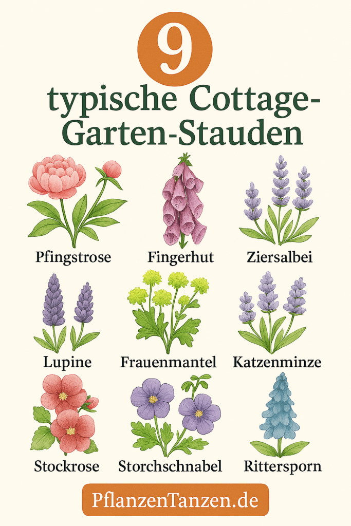 Neun beliebte Cottage-Garten-Stauden illustriert.