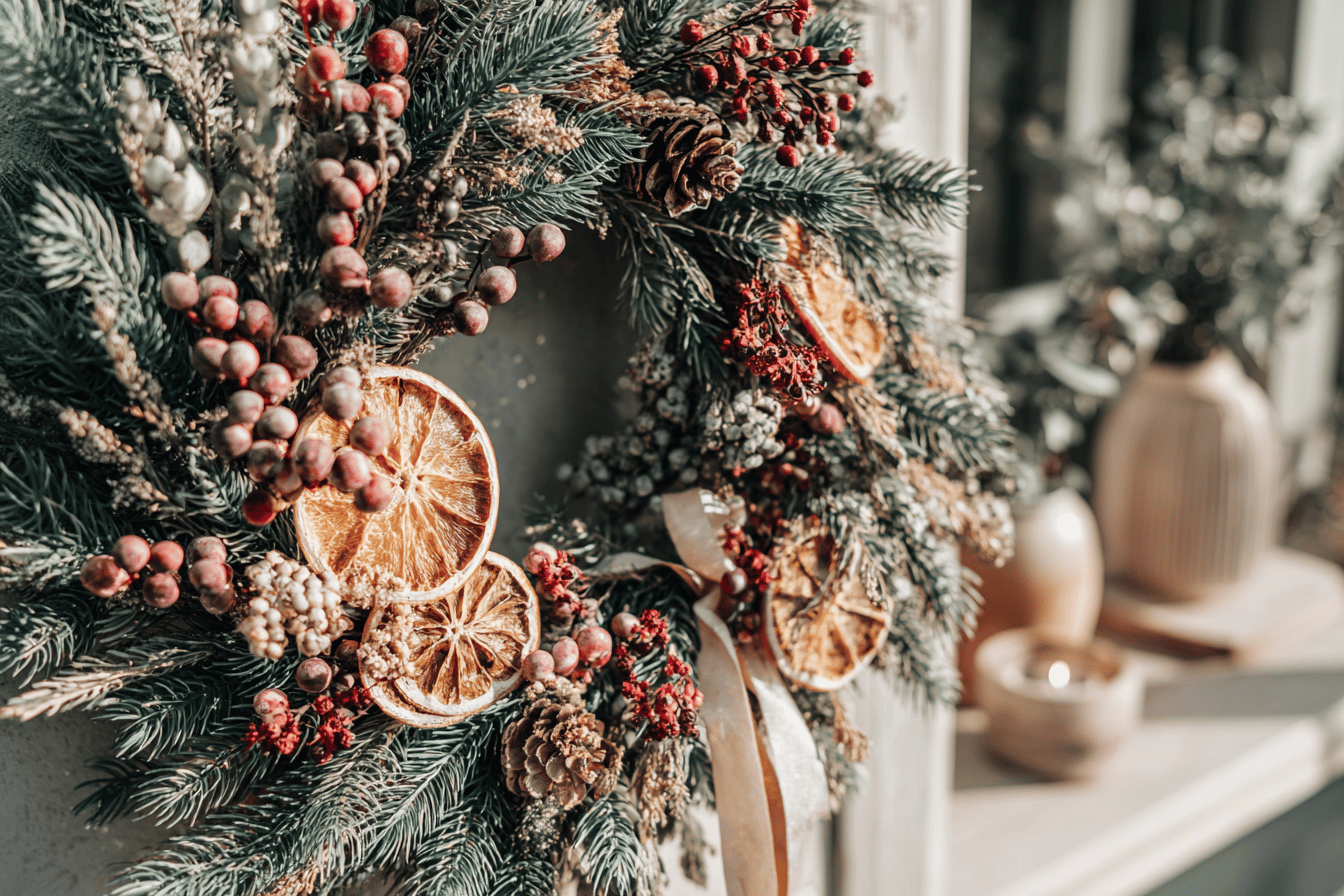 Weihnachtskranz aus Tannenzweigen mit getrockneten Orangenscheiben und Beeren