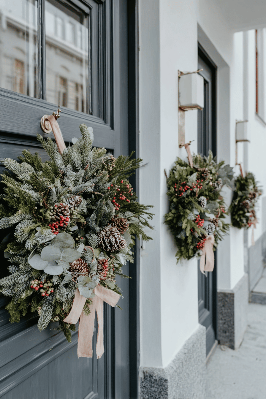 Drei weihnachtlich dekorierte Türkränze mit Tannenzweigen, roten Beeren und Schleifen an Haustüren