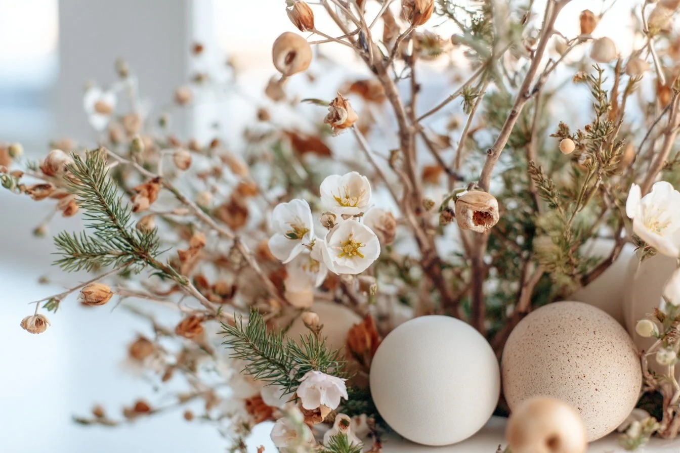 Dekoration aus weißen Kugeln, Trockenblumen und Zweigen