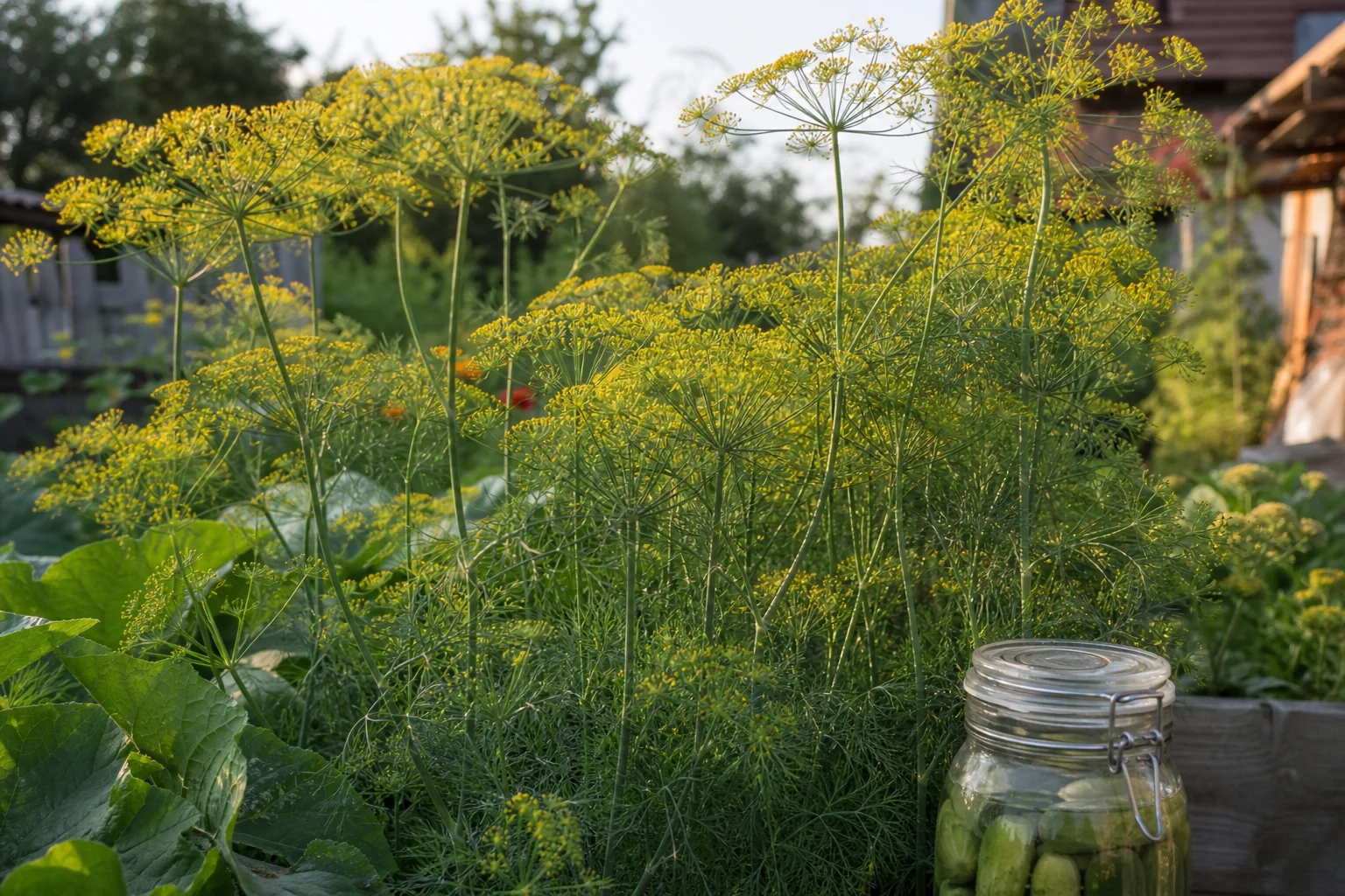 Beet im Garten mit hochgewachsenem blühendem Dill, federiges blaugrünes Laub und breite gelbe Doldenblüten in der Spätsonne, im Vordergrund ein Glas Einlegegurken.