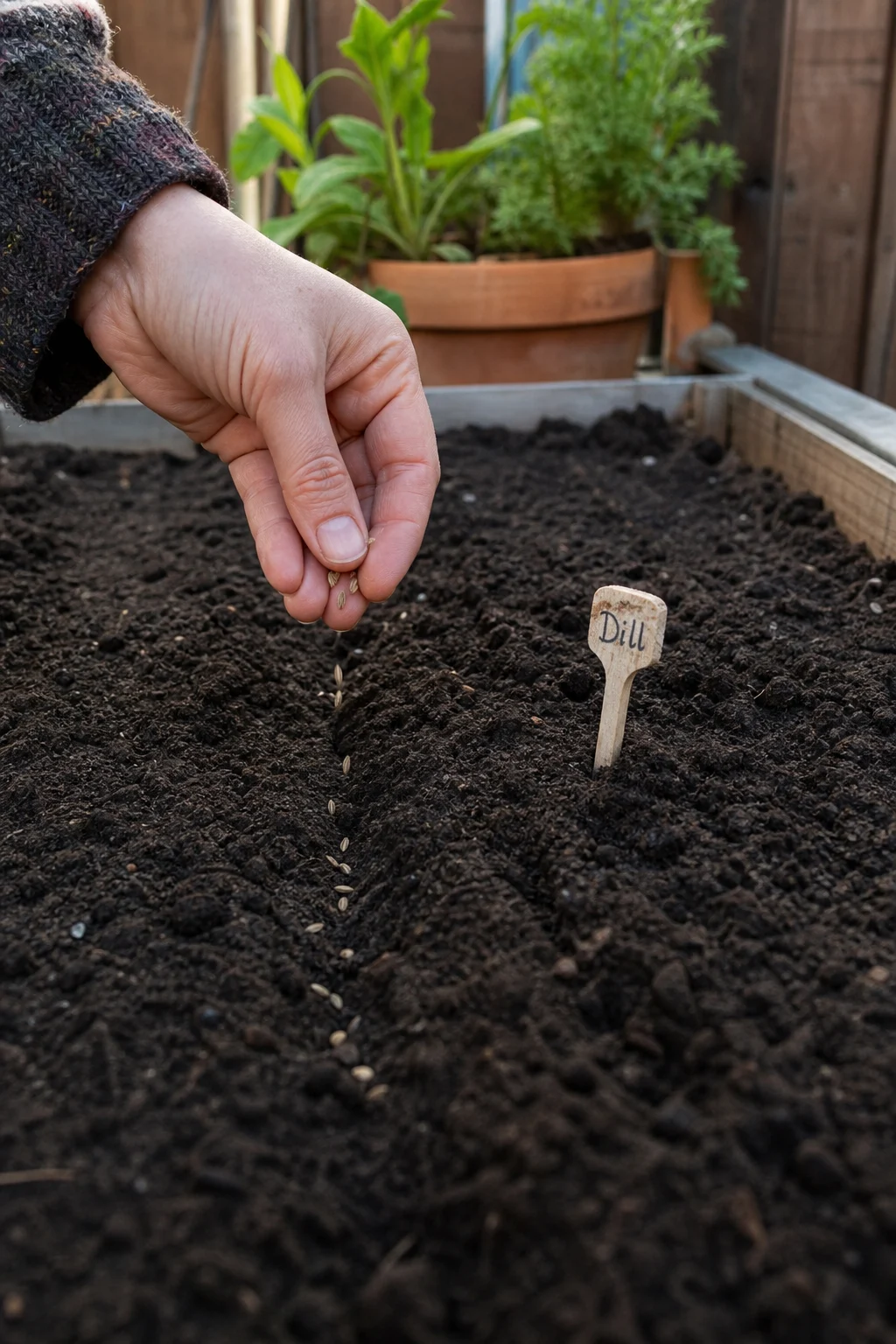Eine Hand streut Dillsamen in eine flache Saatrille in einem Hochbeet, daneben steckt ein kleines Holzschild mit der Aufschrift 'Dill'.