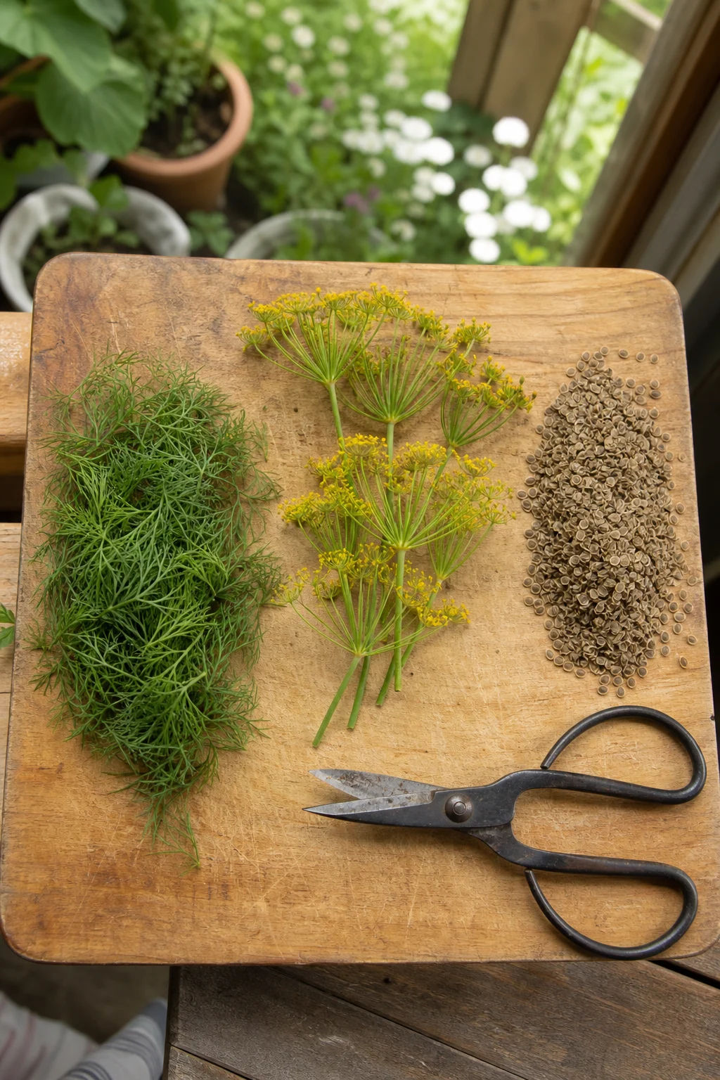 Holzbrett mit drei kleinen Häufchen nebeneinander, frische federige Dillblätter, gelbe geöffnete Dillblüten und ein Häufchen getrocknete hellbraune Dillsamen, daneben eine Gartenschere.