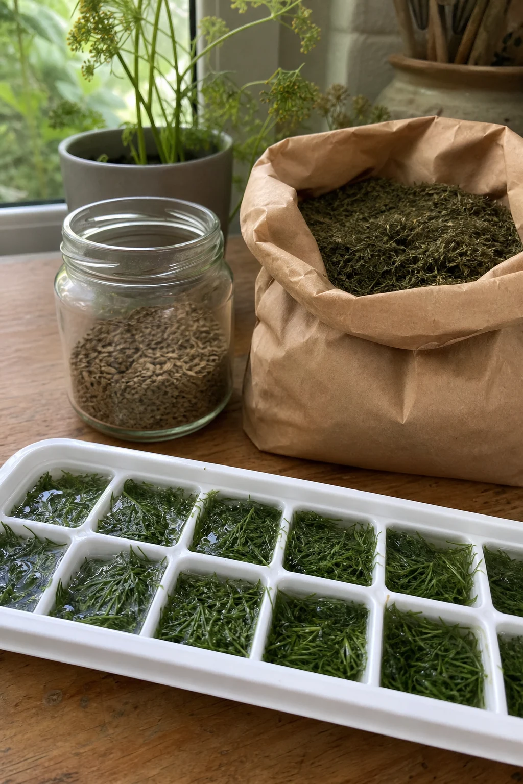 Eiswürfelform mit gehacktem Dill und Wasser bereit zum Einfrieren, daneben ein kleines Glas mit getrockneten Dillsamen und eine beschriftete Papiertüte mit getrockneten Dillblättern.