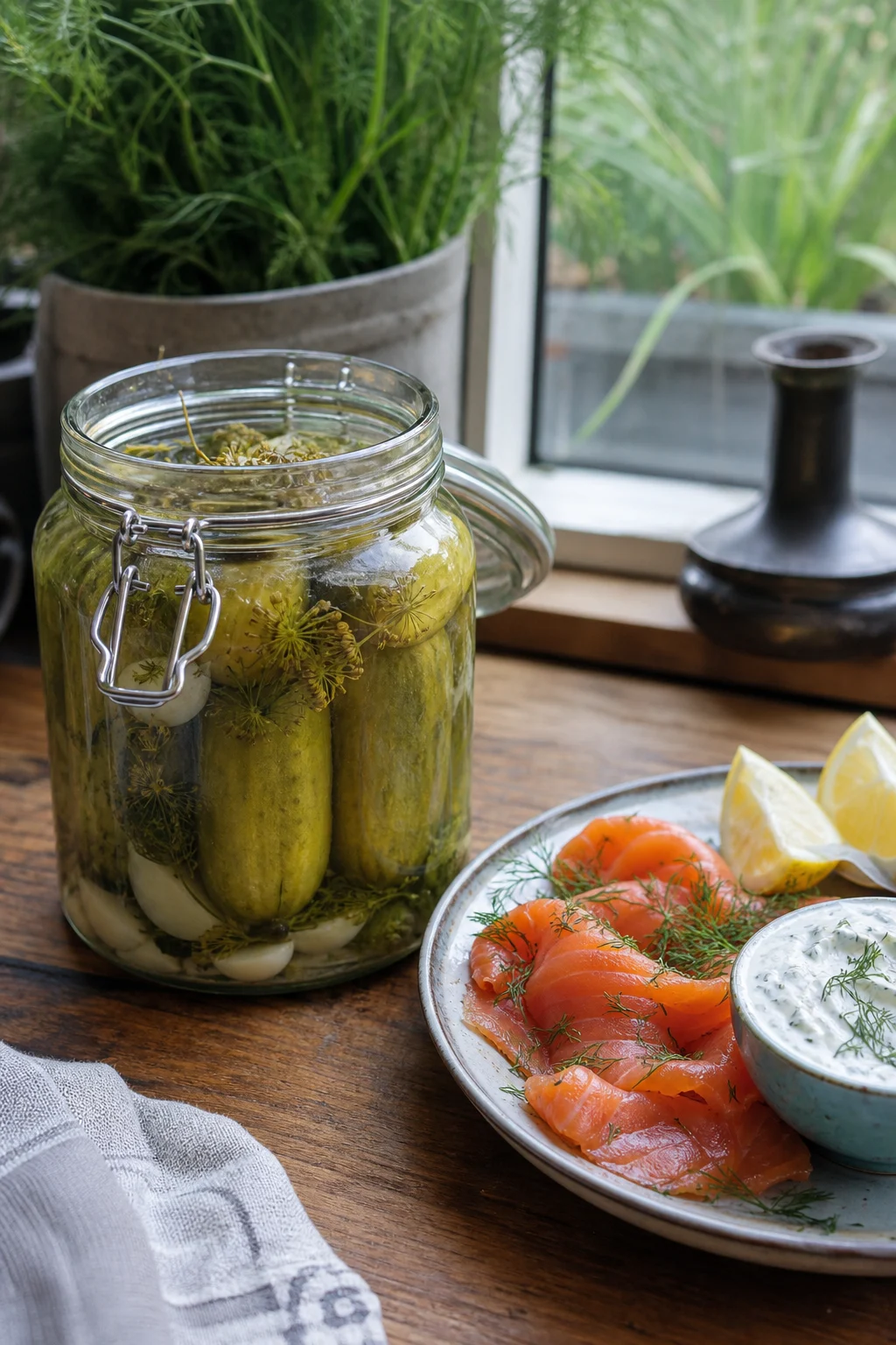 Glas mit eingelegten Gurken samt Knoblauchzehen und Dillblüten, daneben ein Teller mit geräuchertem Lachs und frischem Dill, Zitronenspalten und eine kleine Schüssel Joghurtsauce.