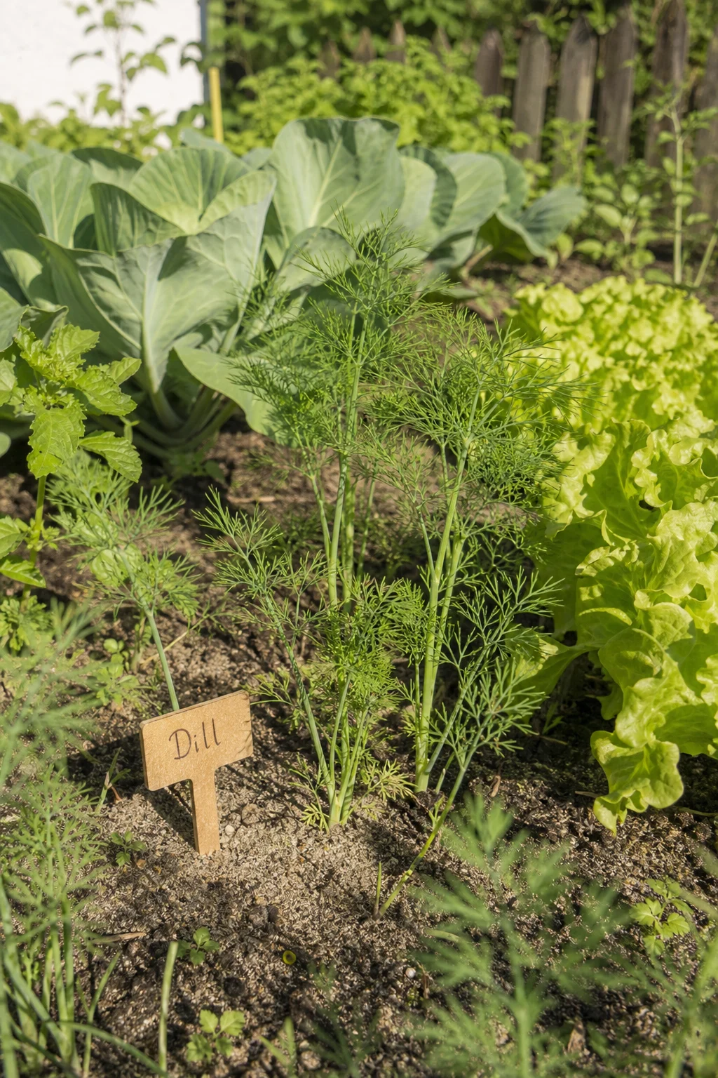 Sonnige Ecke eines Gemüsegartens mit Dill in lockerer sandiger Erde, daneben Salat und Kohl, ein Holzschild mit der Aufschrift 'Dill' steckt zwischen den Pflanzen.