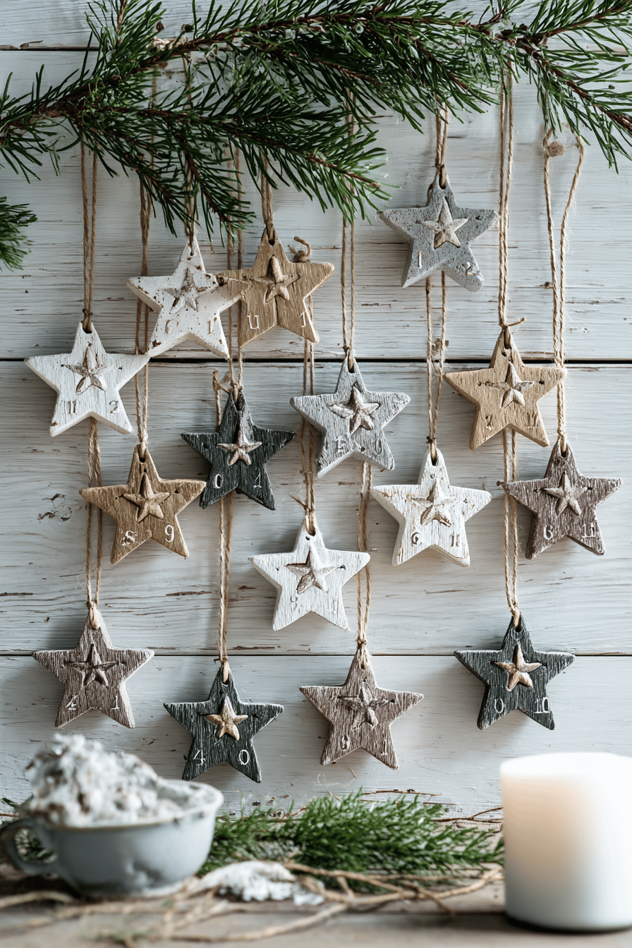 Rustikale Holzsterne als Adventskalender an Zweigen aufgehängt