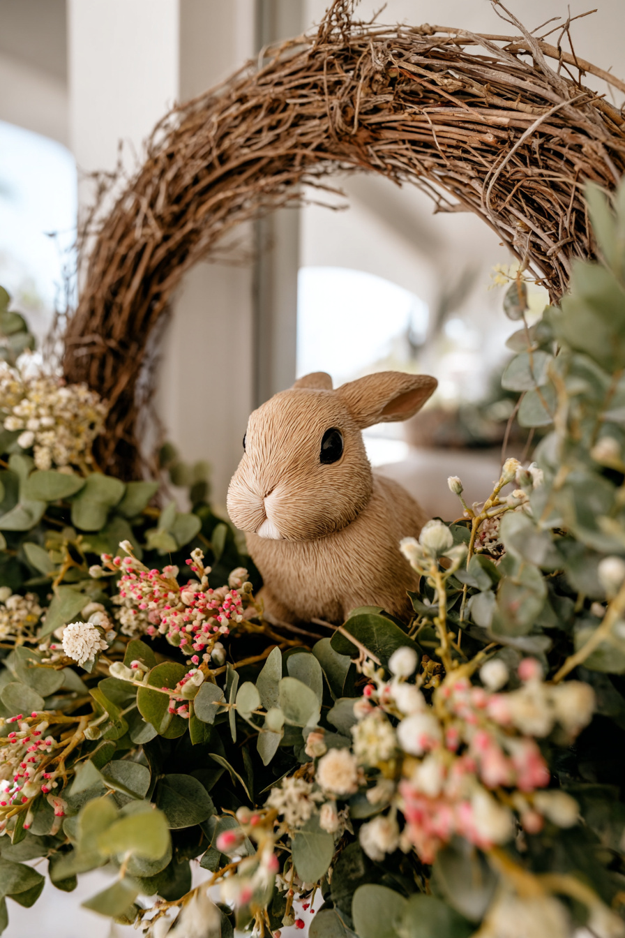 Detailreicher Frühlingskranz mit Hasenfigur und Blumen
