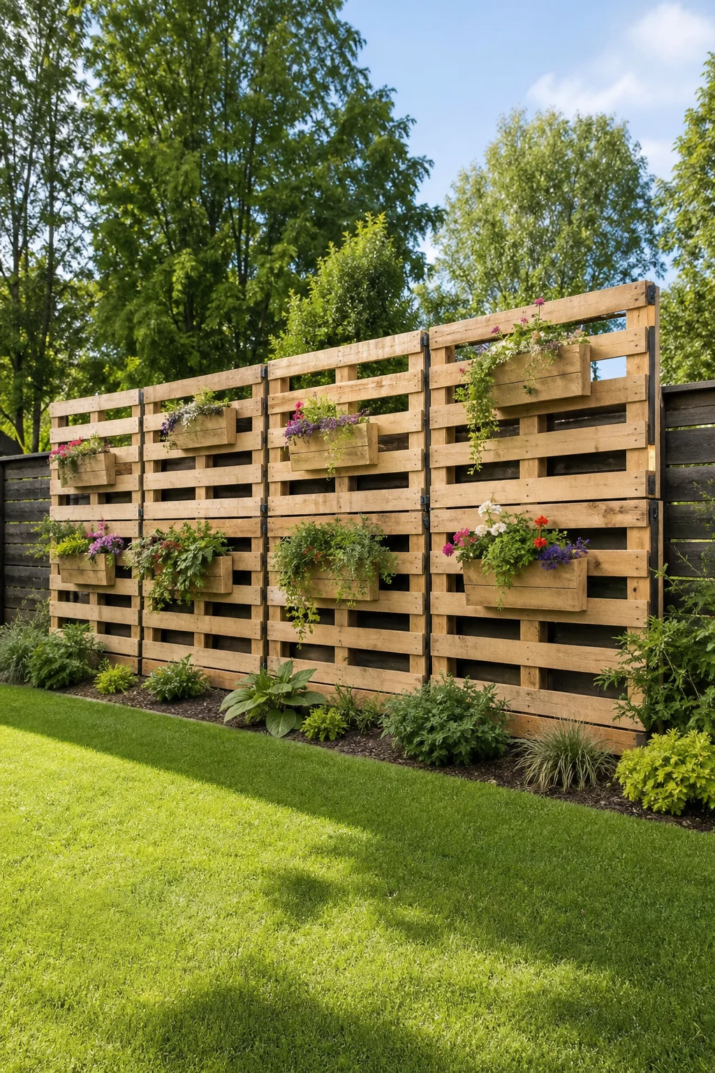 Euro-Paletten Sichtschutzwand mit Pflanzkästen und Blumen