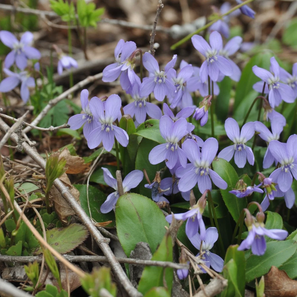 Violette Duftveilchen mit herzförmigen Blättern am Waldboden