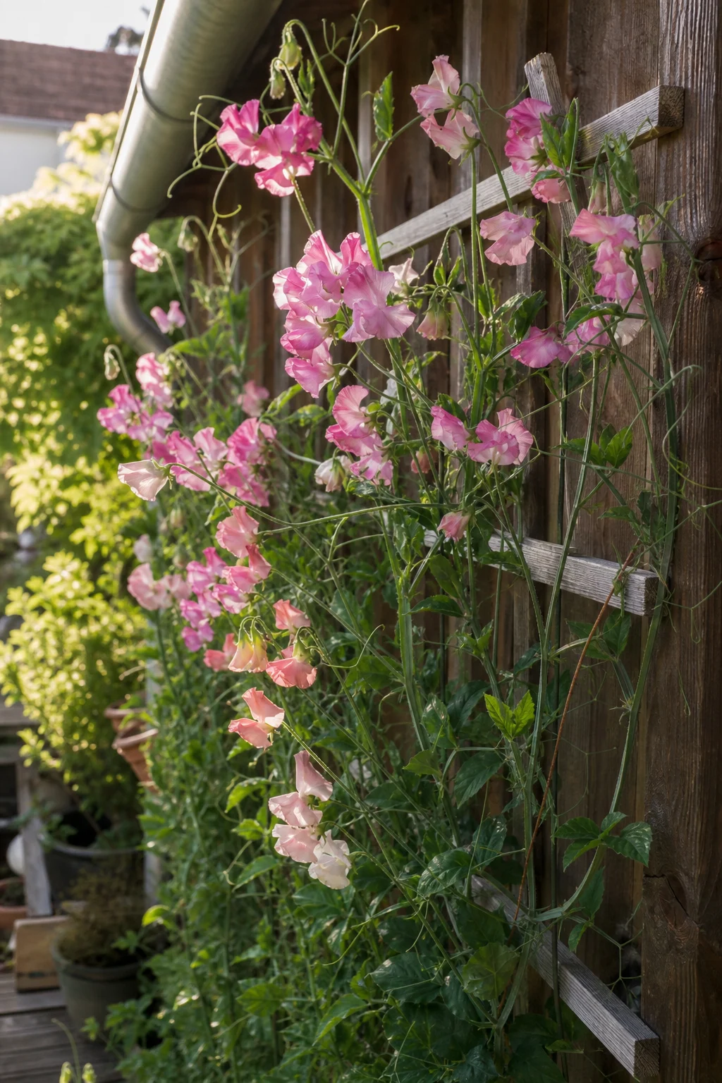 Duftwicken klettern an einem Holzgitter entlang eines Gartenzauns, gerüschte Blüten in Pastellrosa im Sommerlicht.