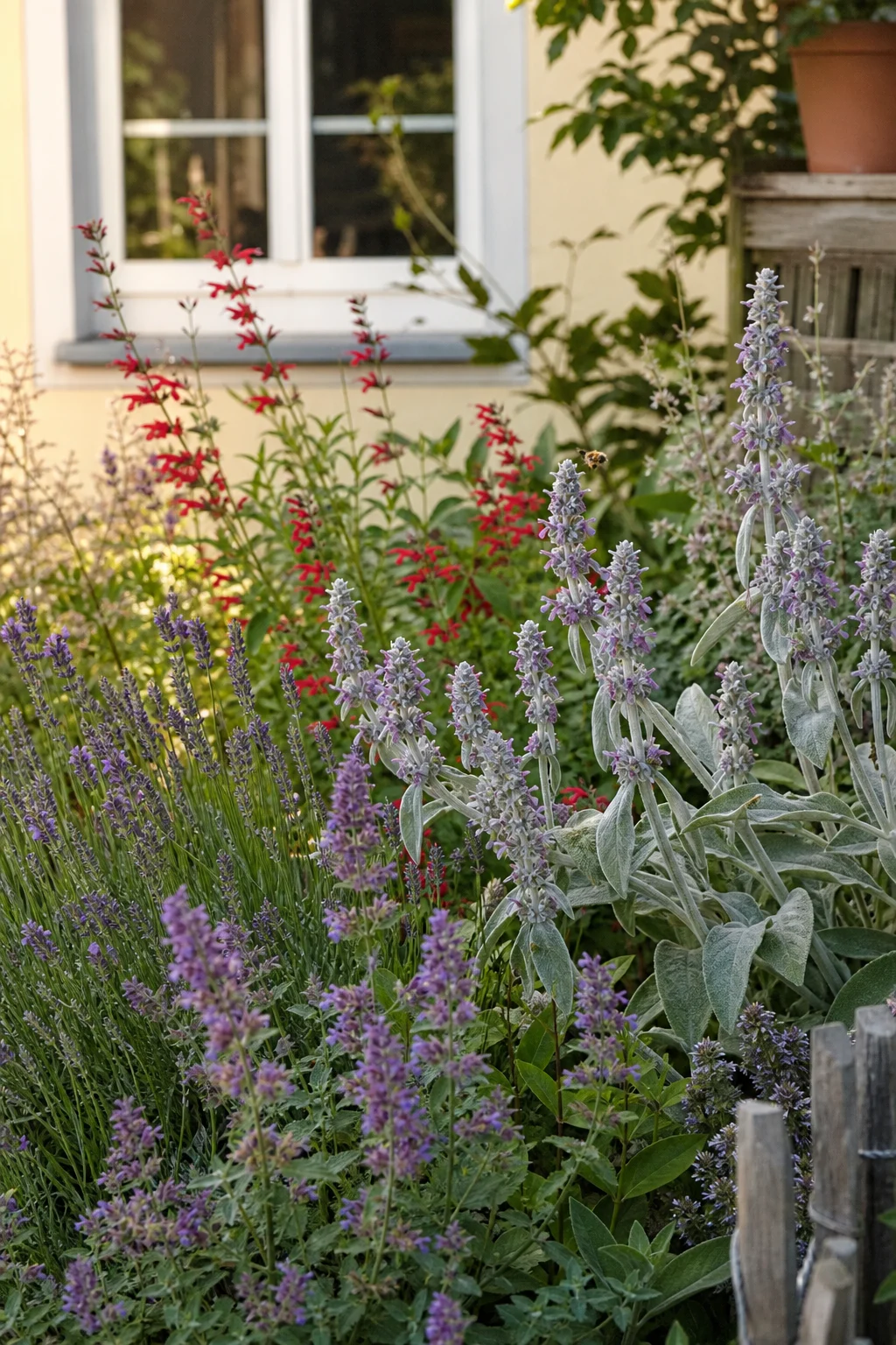 Kräuterbeet mit blühendem Ziersalbei, Lavendel, Duftnessel und Ananas-Salbei mit roten Blütenähren, Bienen sammeln Nektar.