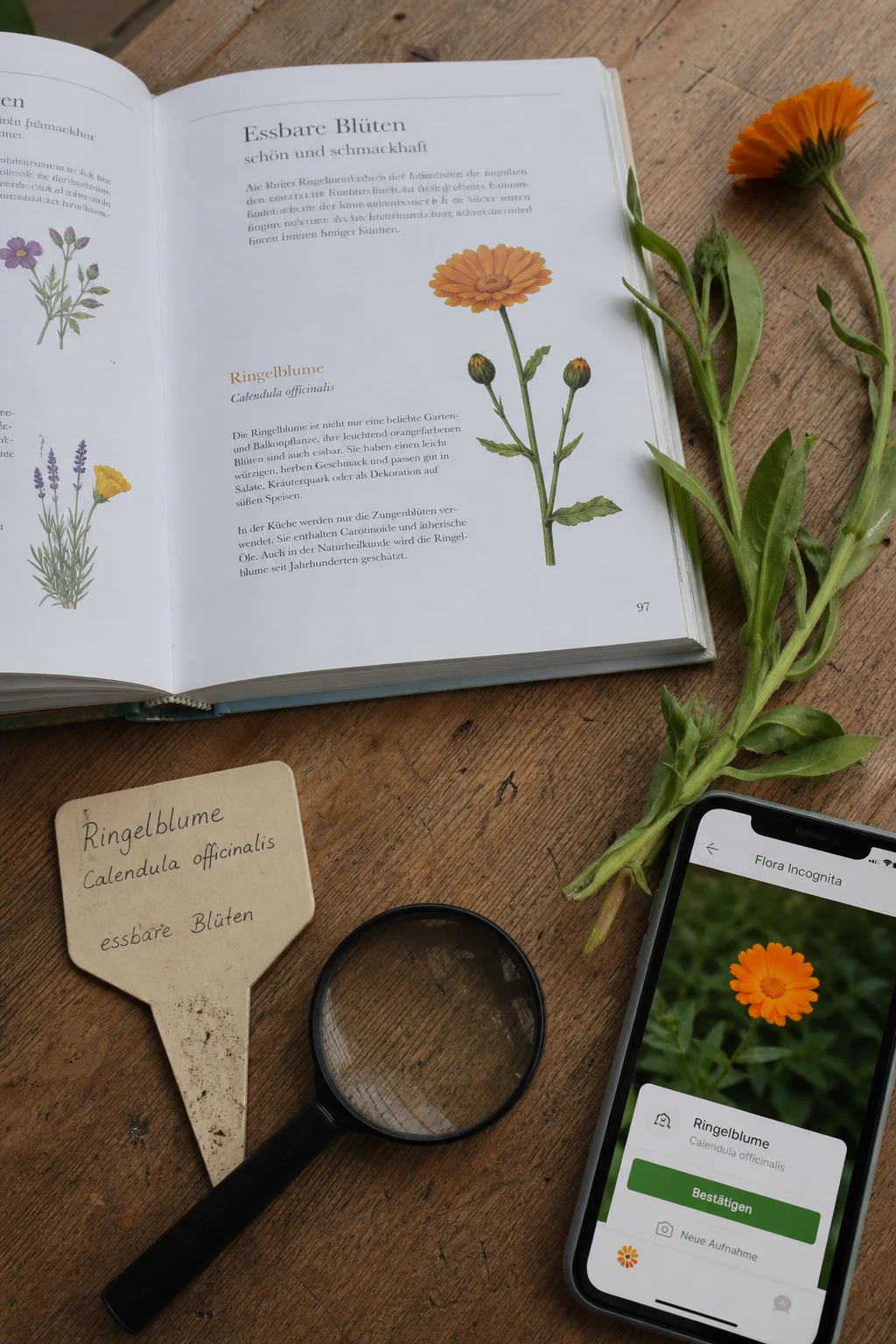 Aufgeschlagenes Bestimmungsbuch zu essbaren Blüten, ein Ringelblumen-Zweig, Pflanzschild, Lupe und Smartphone mit Flora-Incognita-App auf einem Holztisch.