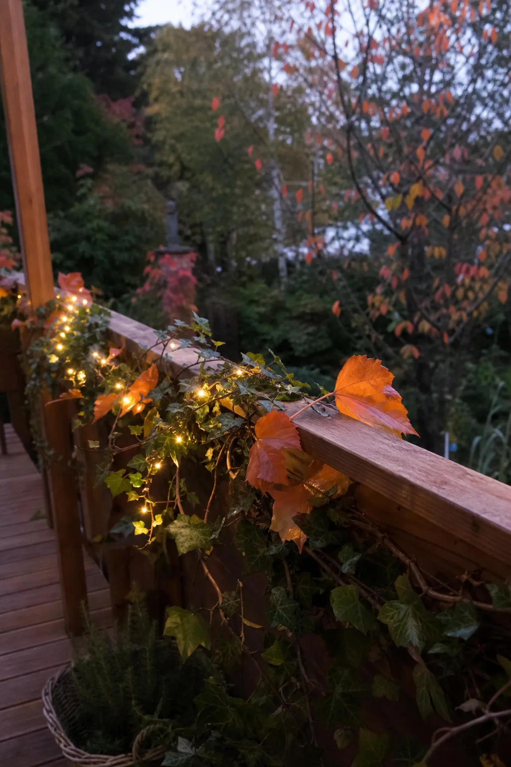 Efeuranken am hölzernen Terrassengeländer, mit warmweißer Lichterkette und orangen Blättern durchflochten