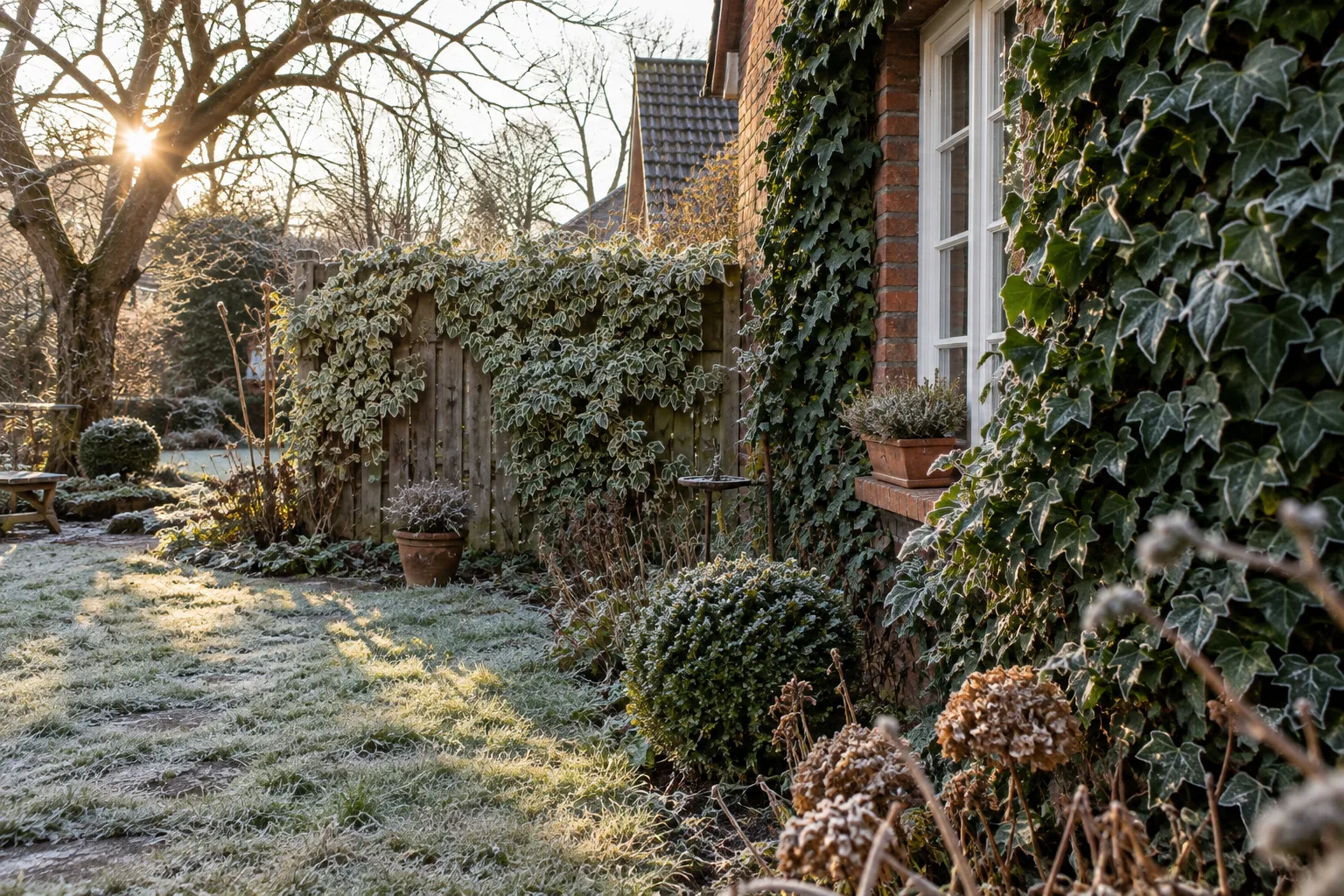 Hauswand und Holzzaun im Winter, dicht bewachsen mit dunkelgrünem Efeu und weißbunter Kletterspindel, auf dem Rasen liegt Raureif