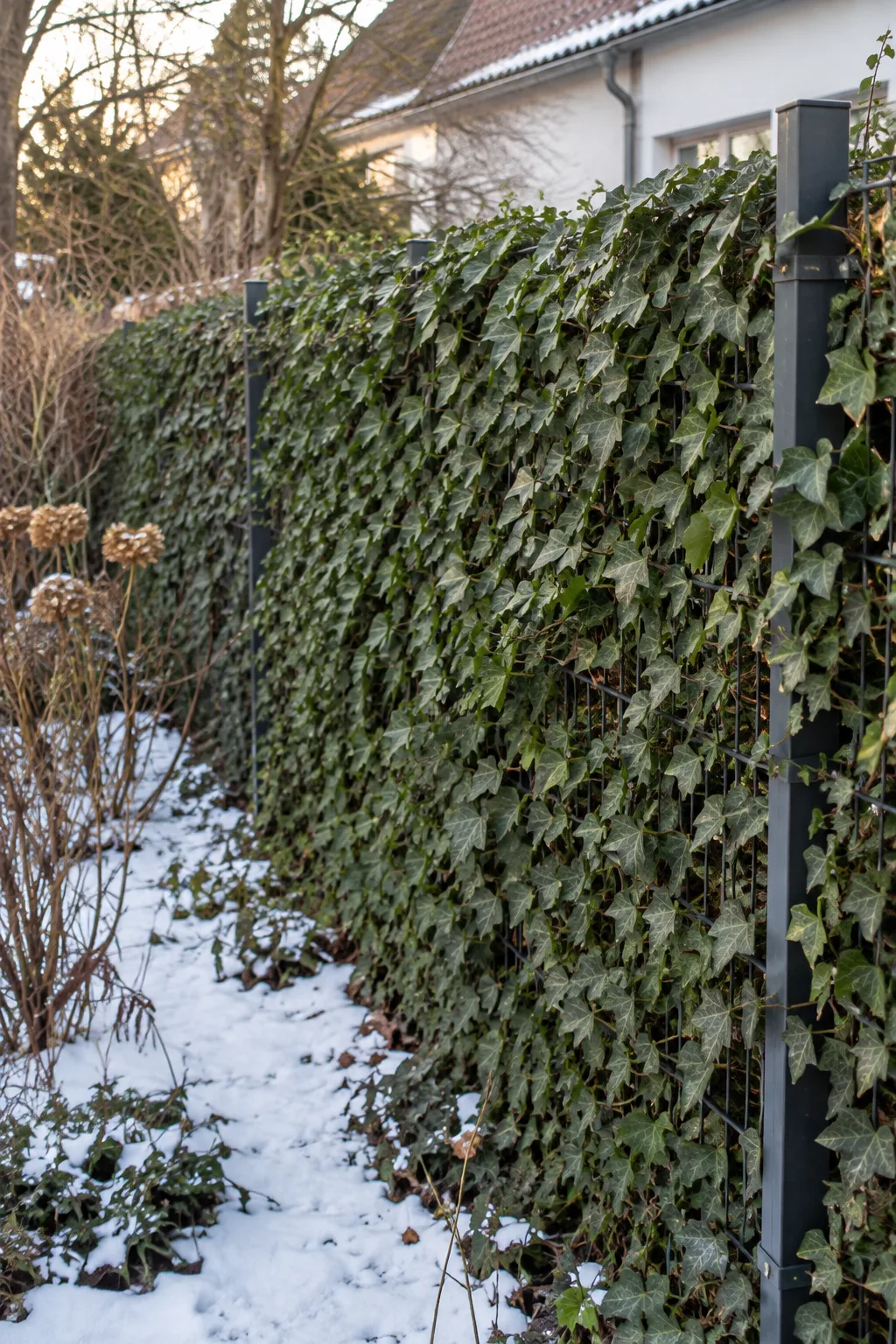 Maschendrahtzaun im Winter, vollständig von dunkelgrünem Efeu überwachsen, davor liegt etwas Schnee