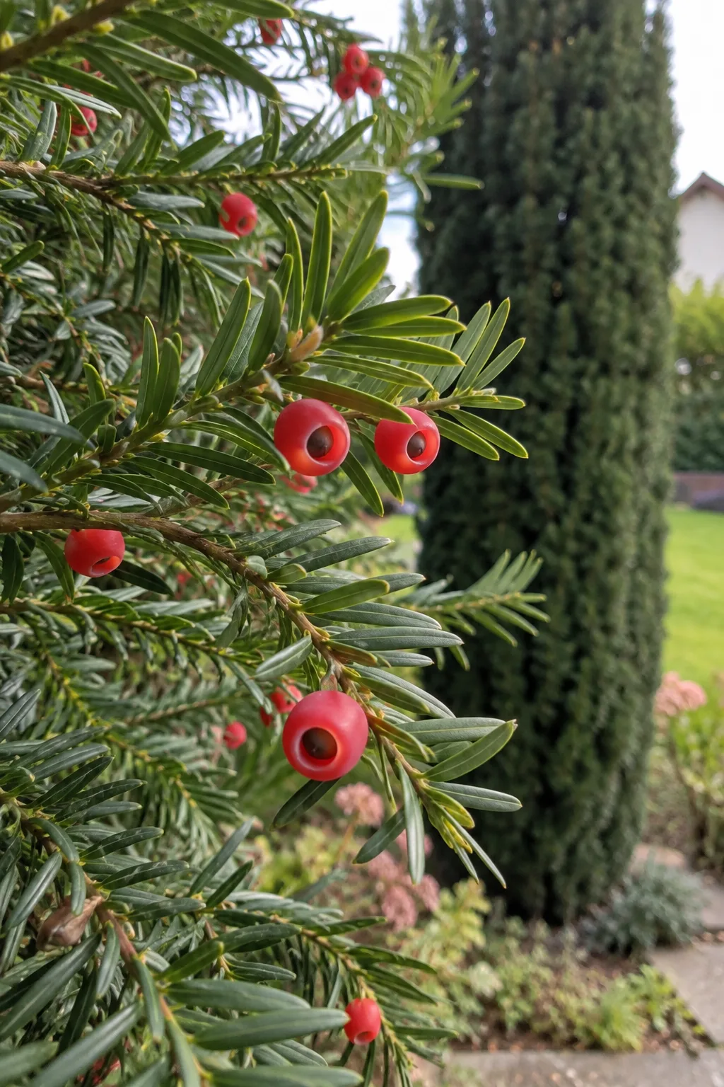 Säulenförmige Eibe mit dichten, dunkelgrünen, flachen Nadeln, an einigen Zweigen leuchtend rote, becherförmige Samenmäntel mit dunklem Samen in der Mitte
