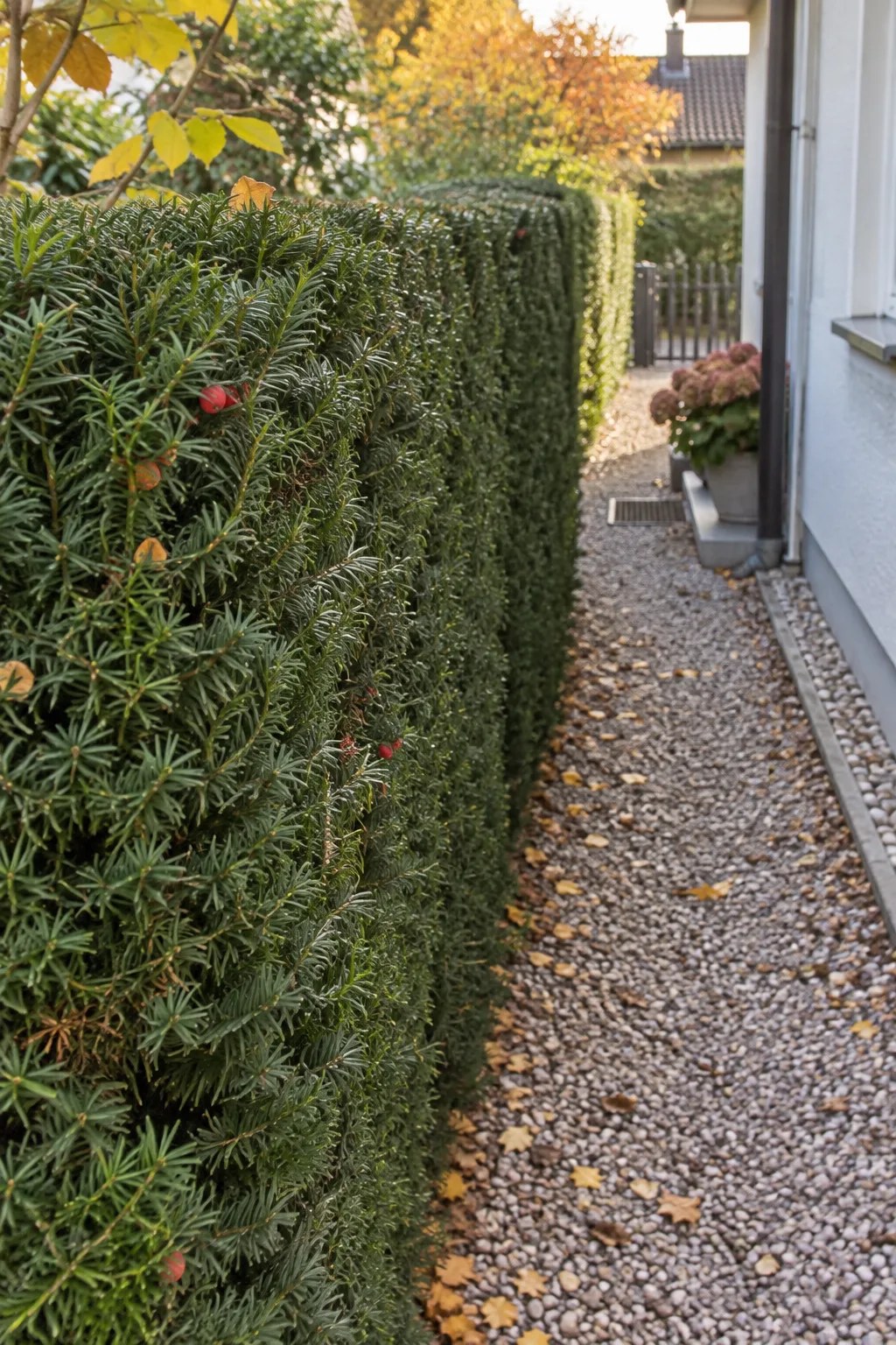 Schmale, exakt geschnittene Eibenhecke mit dunkelgrünen Nadeln zwischen einem Gartenweg und einer Hauswand