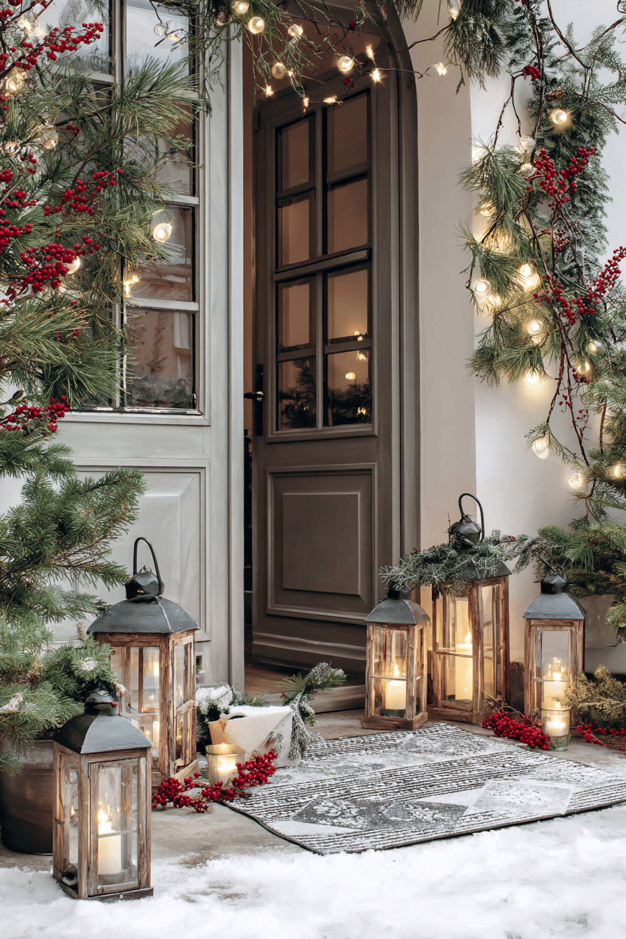 Weihnachtlich geschmückter Eingang mit Laternen, Lichterketten, Tannenzweigen und roten Beeren