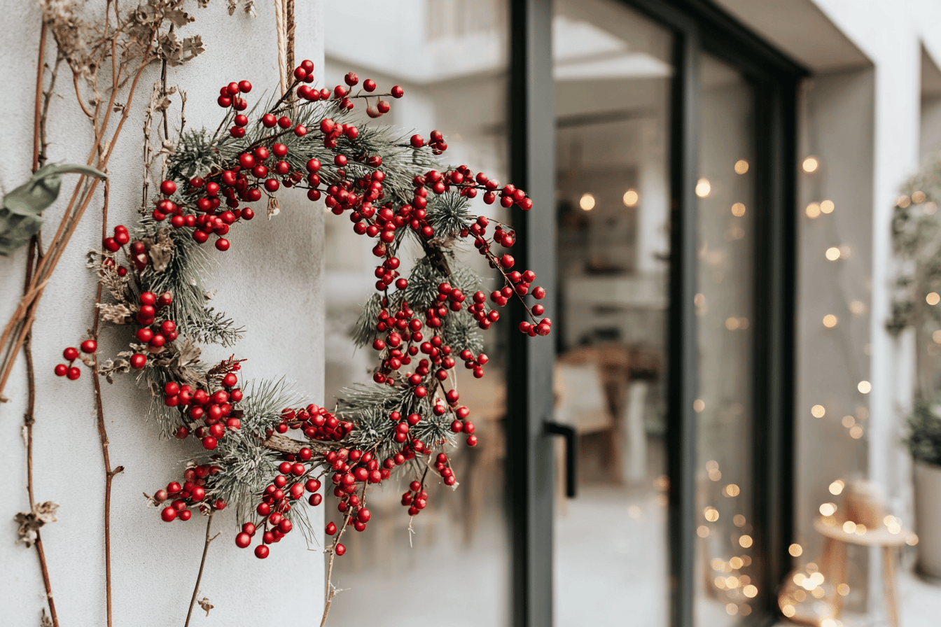 Weihnachtlicher Türkranz mit roten Beeren an einer Hauswand