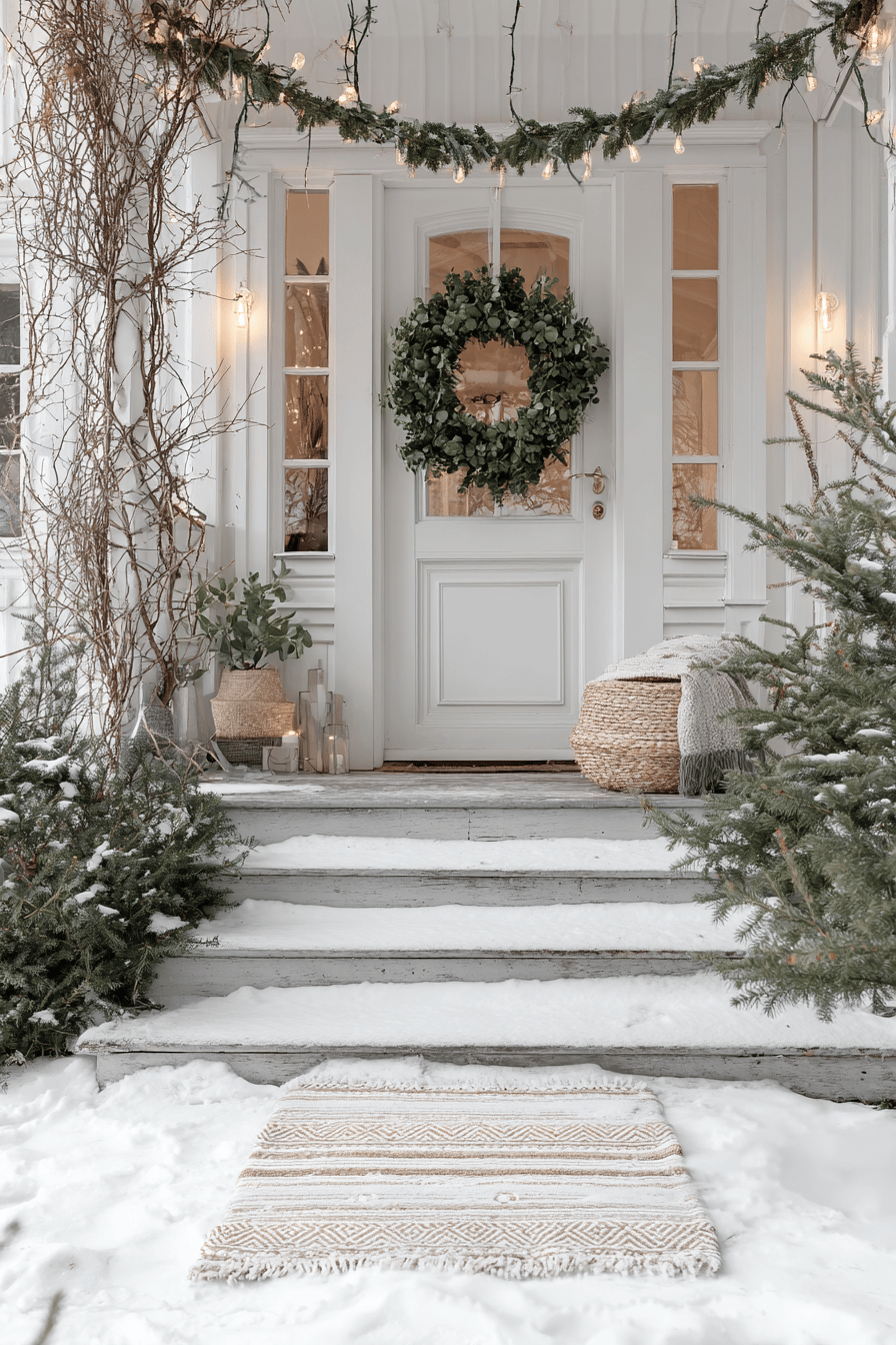 Schnee-bedeckter Eingang mit Weihnachtskranz, Lichterkette und Teppich