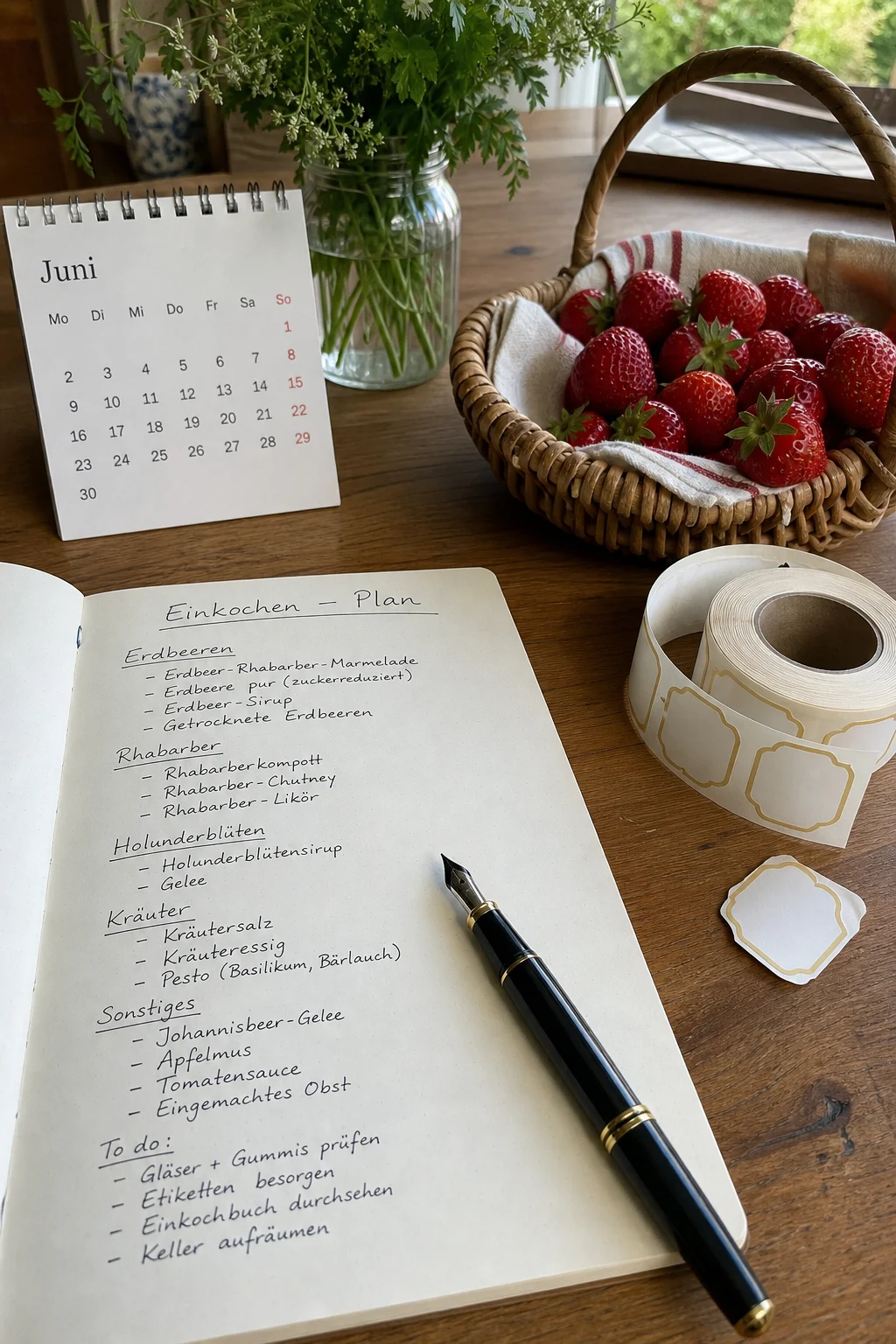 Handgeschriebener Einkochplan auf einem Holztisch neben einem Korb mit Erdbeeren, Etikettenrolle und einem Junikalender.