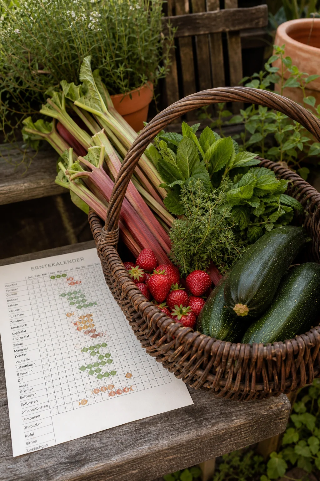 Korb mit Rhabarber, Erdbeeren, Kräutern und Zucchini auf einer Gartenbank, daneben ein gedruckter Erntekalender mit deutschen Pflanzennamen.